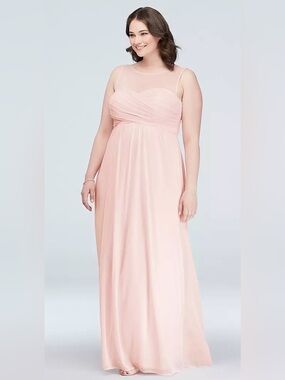 David’s Bridal - Long Mesh Dress with Illusion Sweetheart Neckline - Coral Reef